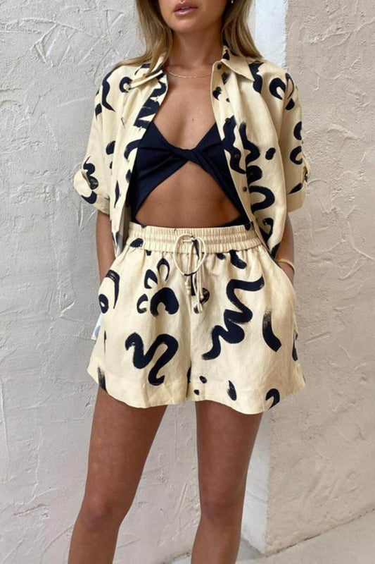 Unique Warm Sun Print Loose Shirt Shorts Set