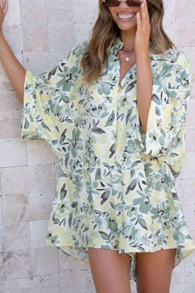 Blue Floral Tied Shirt Romper