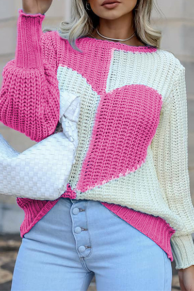 Casual Patchwork  Contrast O Neck Tops Sweater