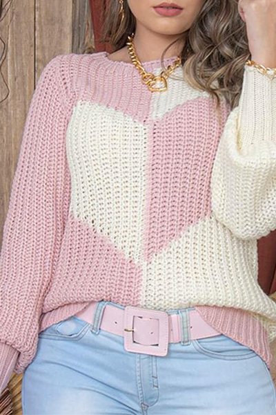 Casual Patchwork  Contrast O Neck Tops Sweater