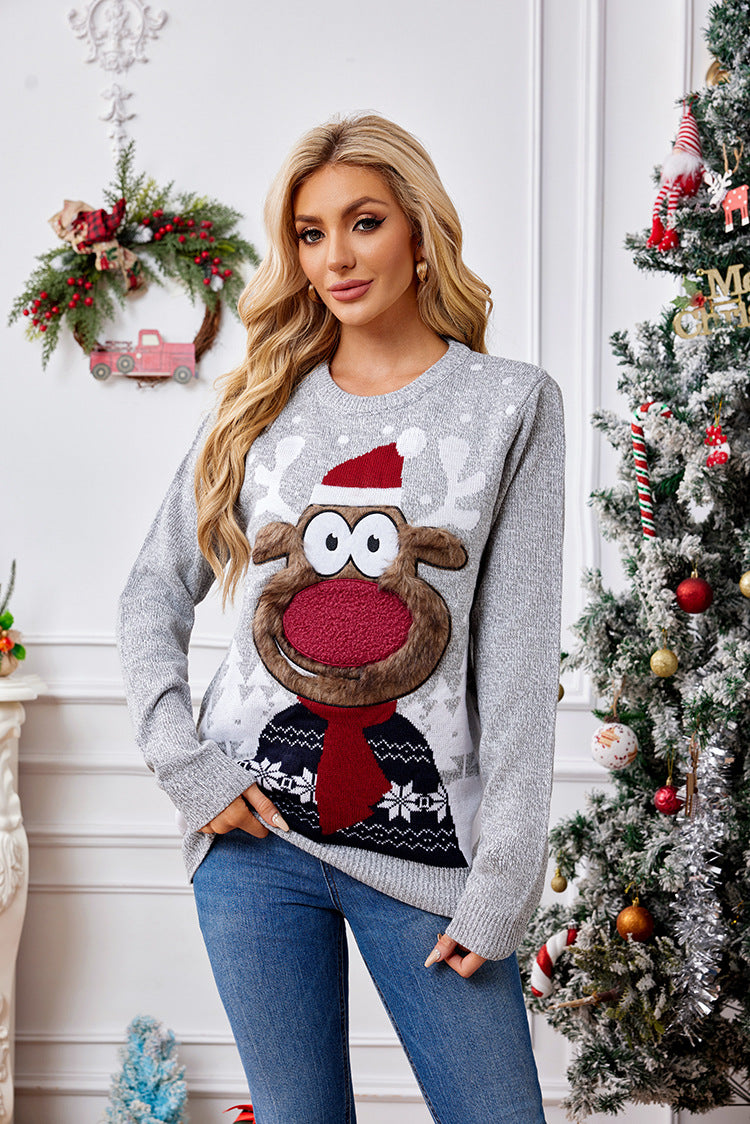 Christmas Reindeer Embroidery Knit Sweater