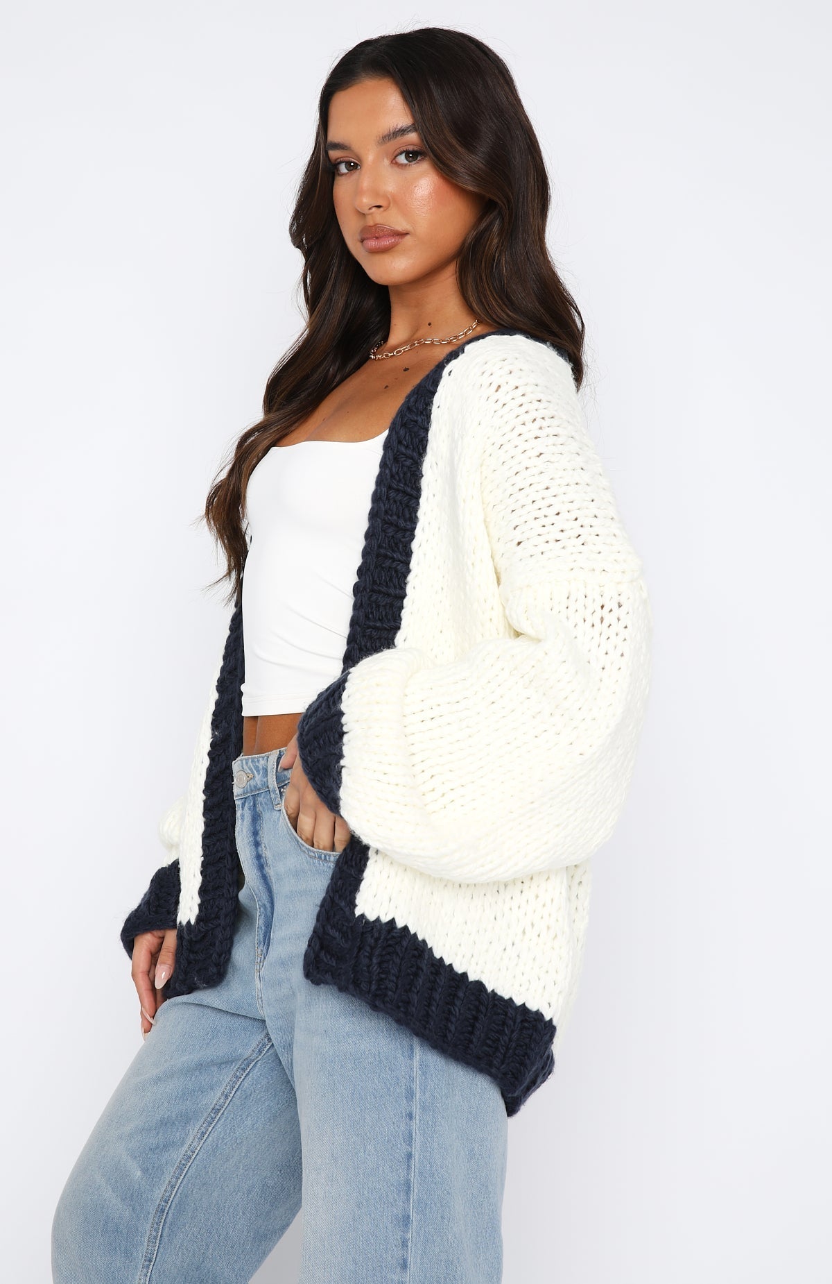 MIKAELA KNIT CARDIGAN - CREAM/NAVY