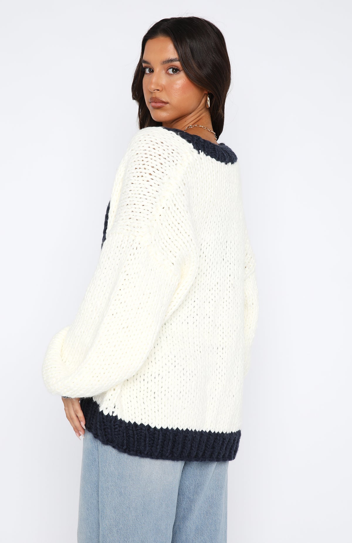 MIKAELA KNIT CARDIGAN - CREAM/NAVY