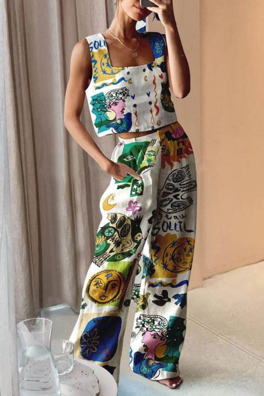 Unique Print Tank and Back Elastic Waist Pocketed Pants Set