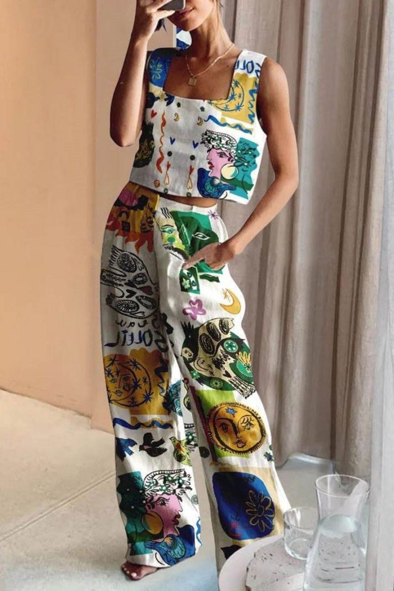 Unique Print Tank and Back Elastic Waist Pocketed Pants Set