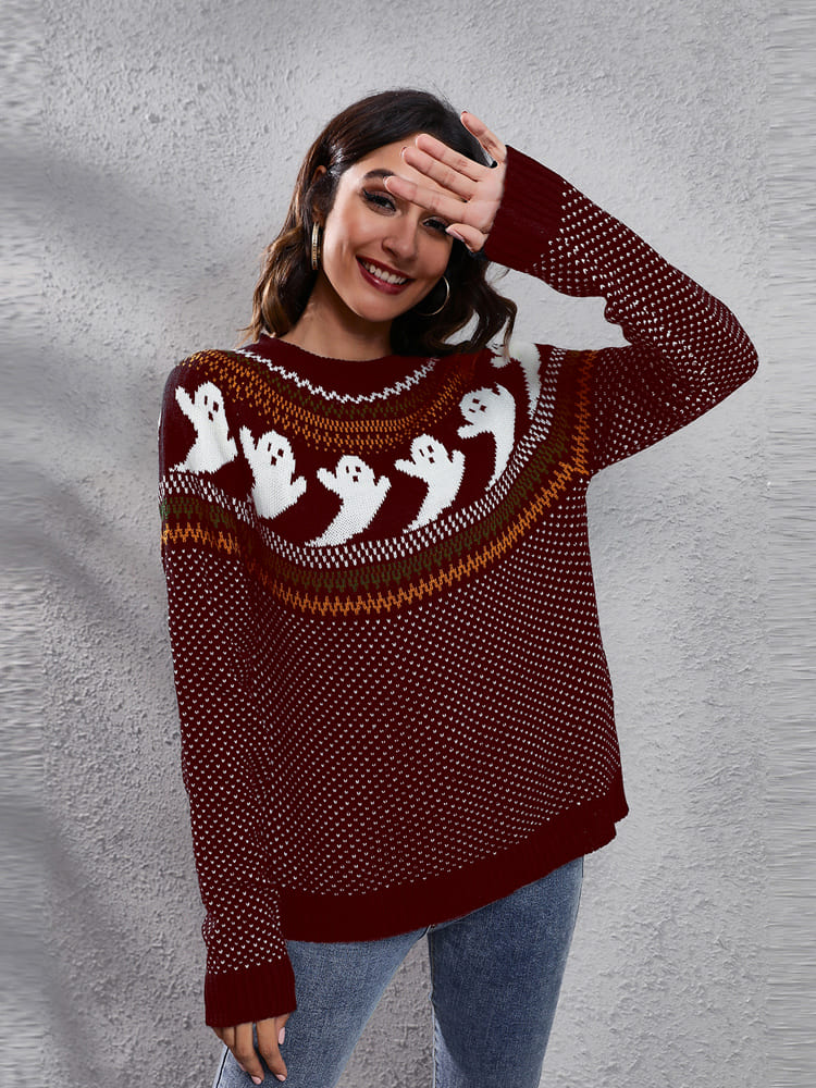 Literary Retro Ghost Pattern  Round Neck Knitted Sweater