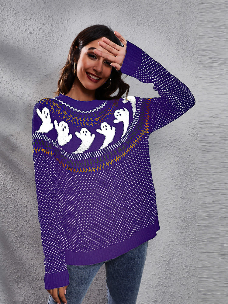 Literary Retro Ghost Pattern  Round Neck Knitted Sweater