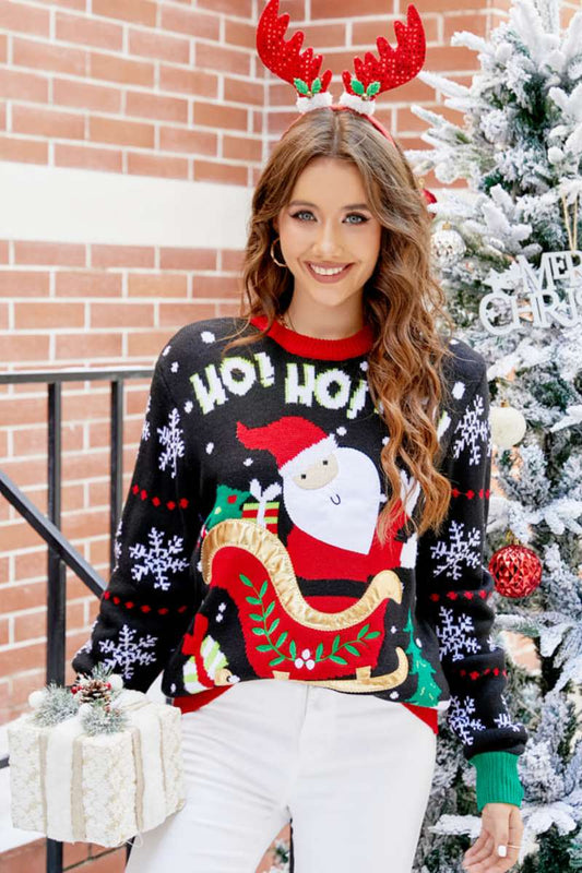 Crewneck Casual Embroidered Santa Sweater