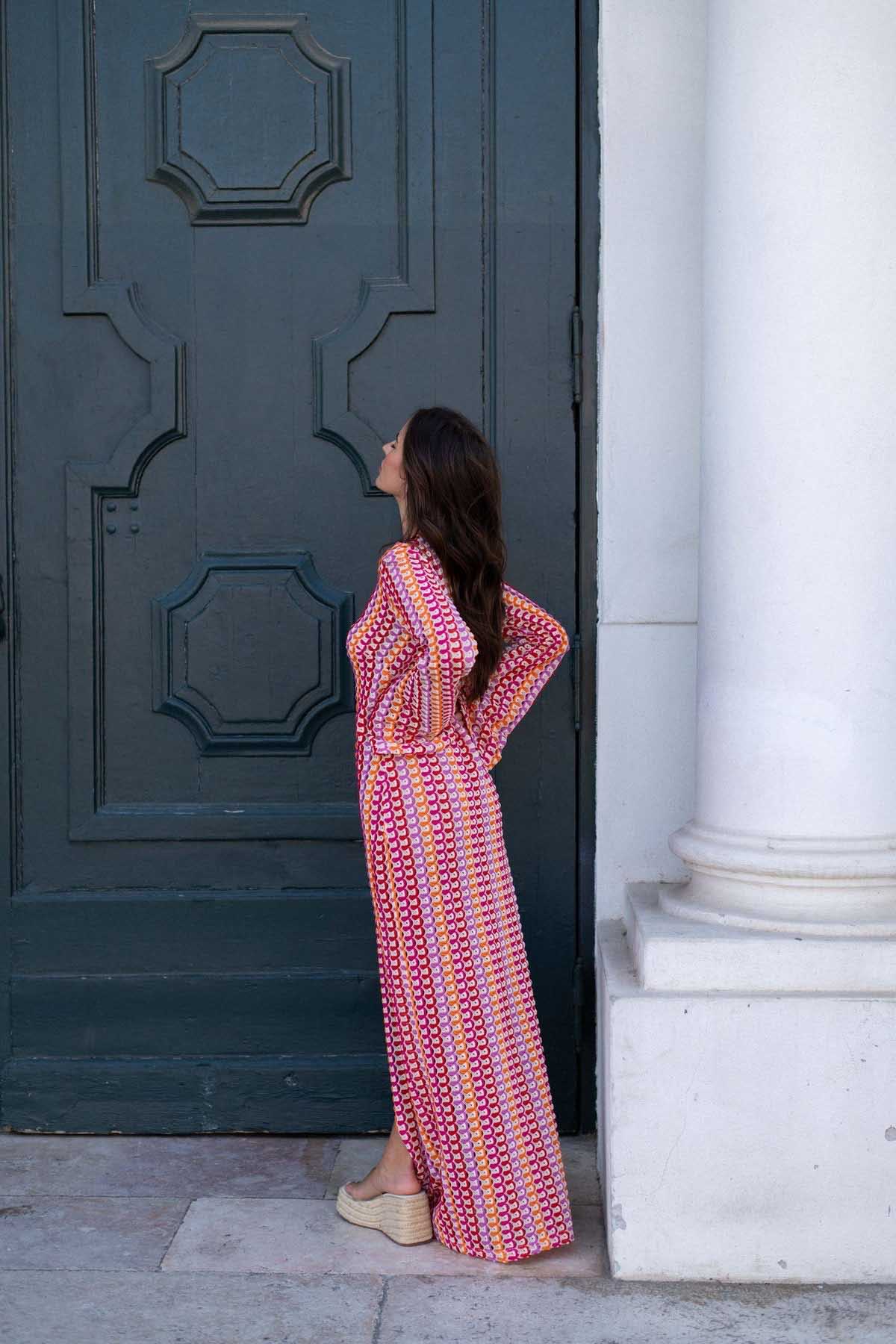 Boho V Neck Bell Sleeve Wavy Striped Crochet Beach Vacation Maxi Dress