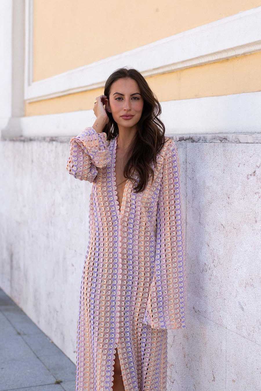 Boho V Neck Bell Sleeve Wavy Striped Crochet Beach Vacation Maxi Dress