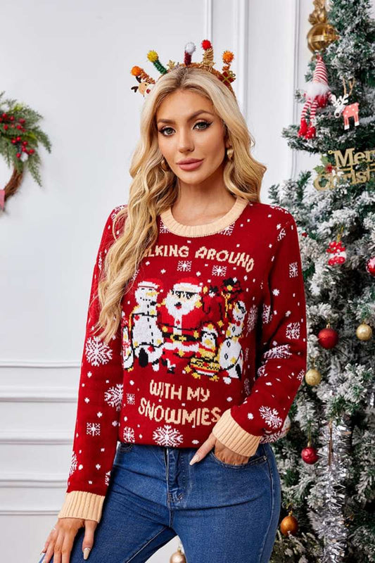 Casual Crewneck Embroidered Sweater – Santa Claus & Penguin