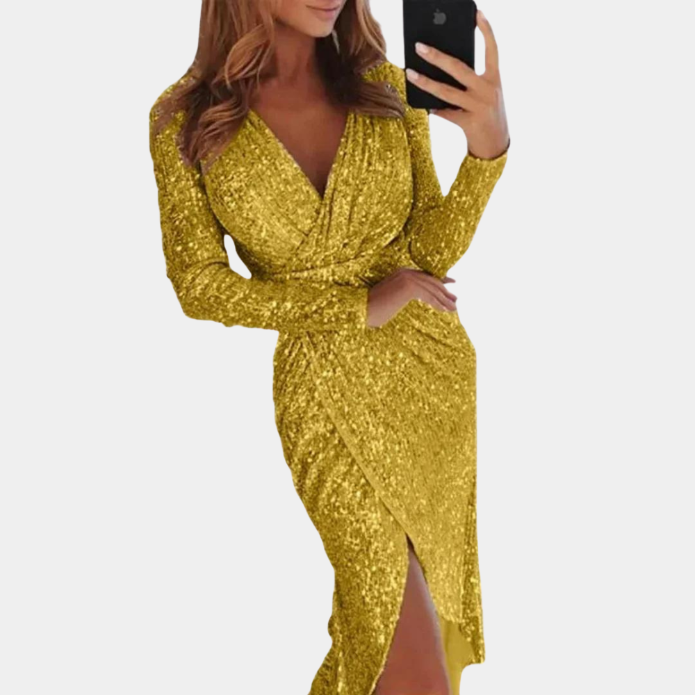 Valerie | Long-Sleeve Wrap Sequin Dress with Slit for Women