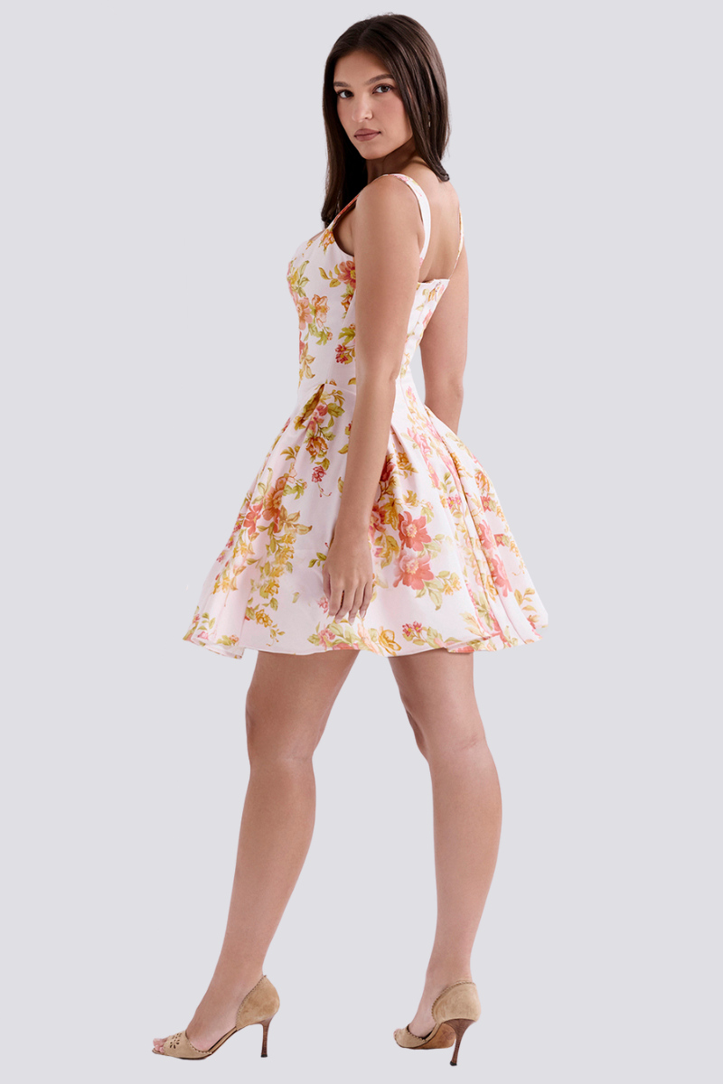 Cynthia Peach Poppy Print Mini Dress