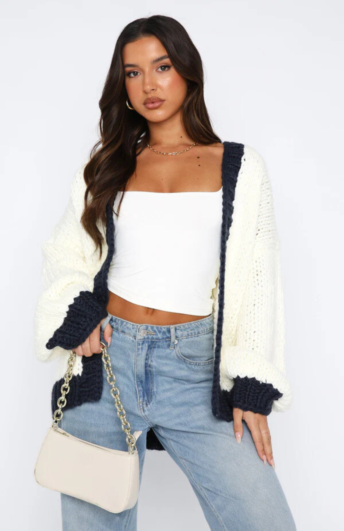 MIKAELA KNIT CARDIGAN - CREAM/NAVY