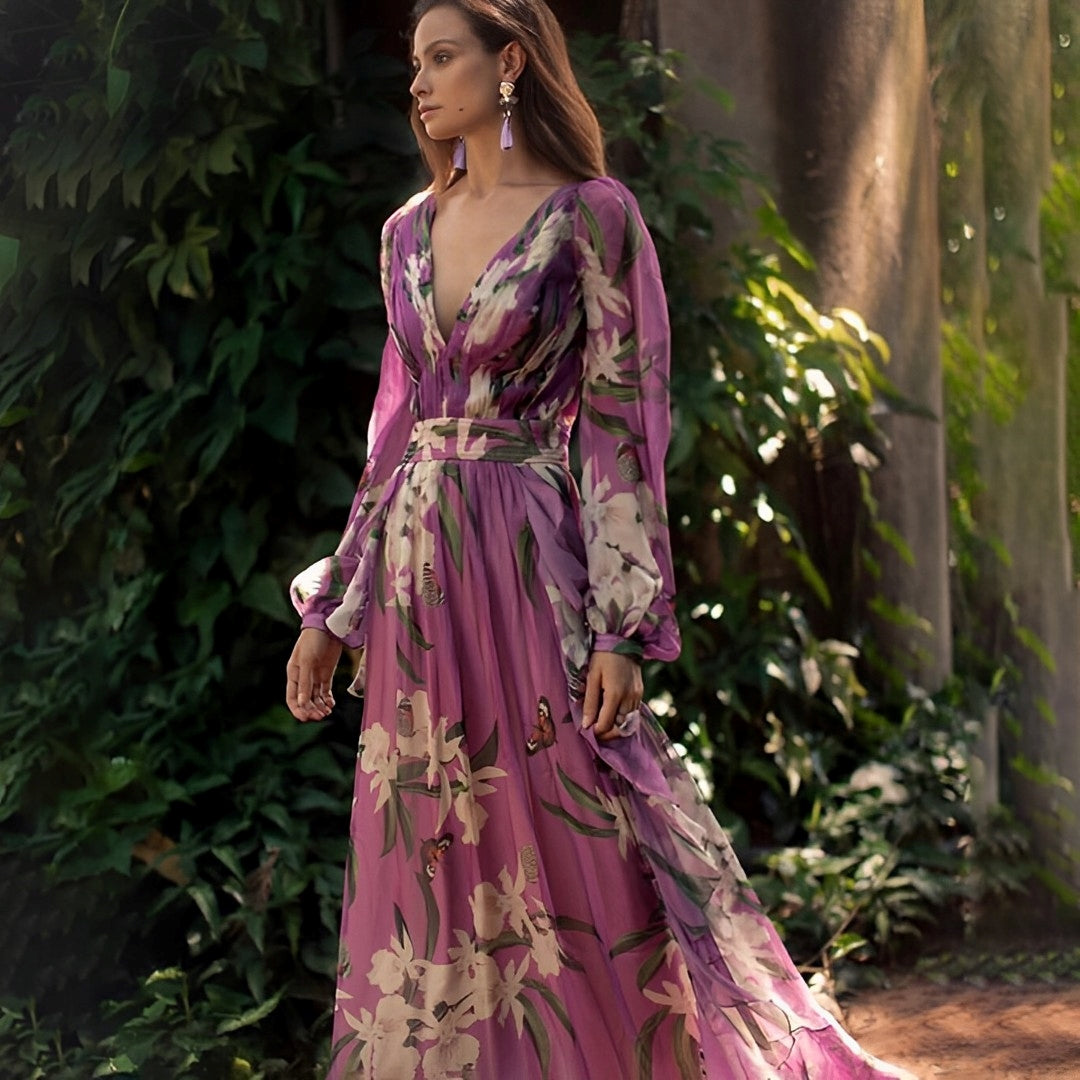 Elara | Women's Floral Chiffon Dress | Elegant Long Dress