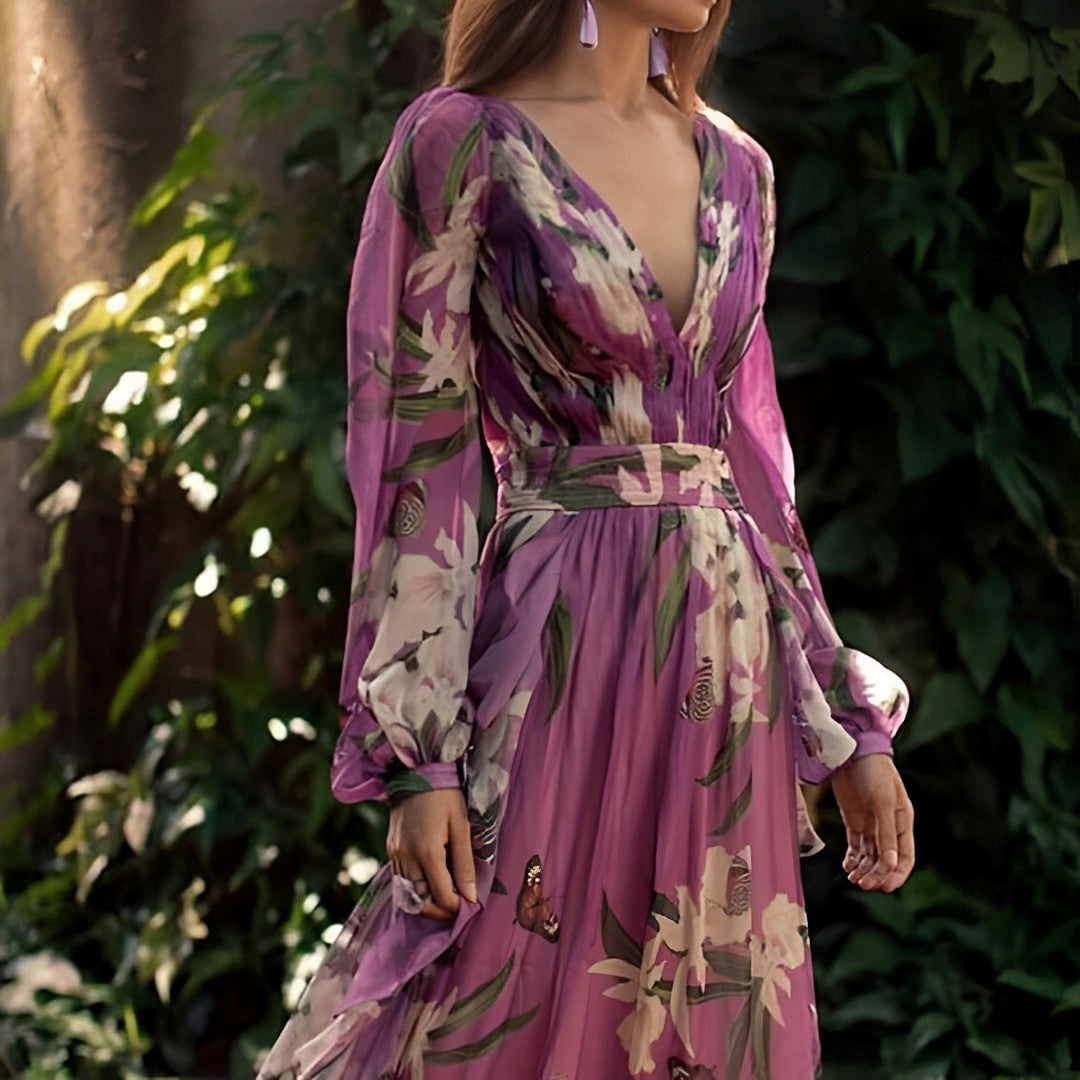 Elara | Women's Floral Chiffon Dress | Elegant Long Dress