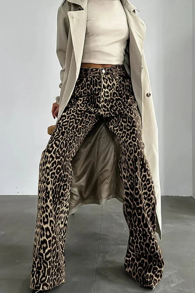 Button Multi Pockets Leopard Print Casual Pants