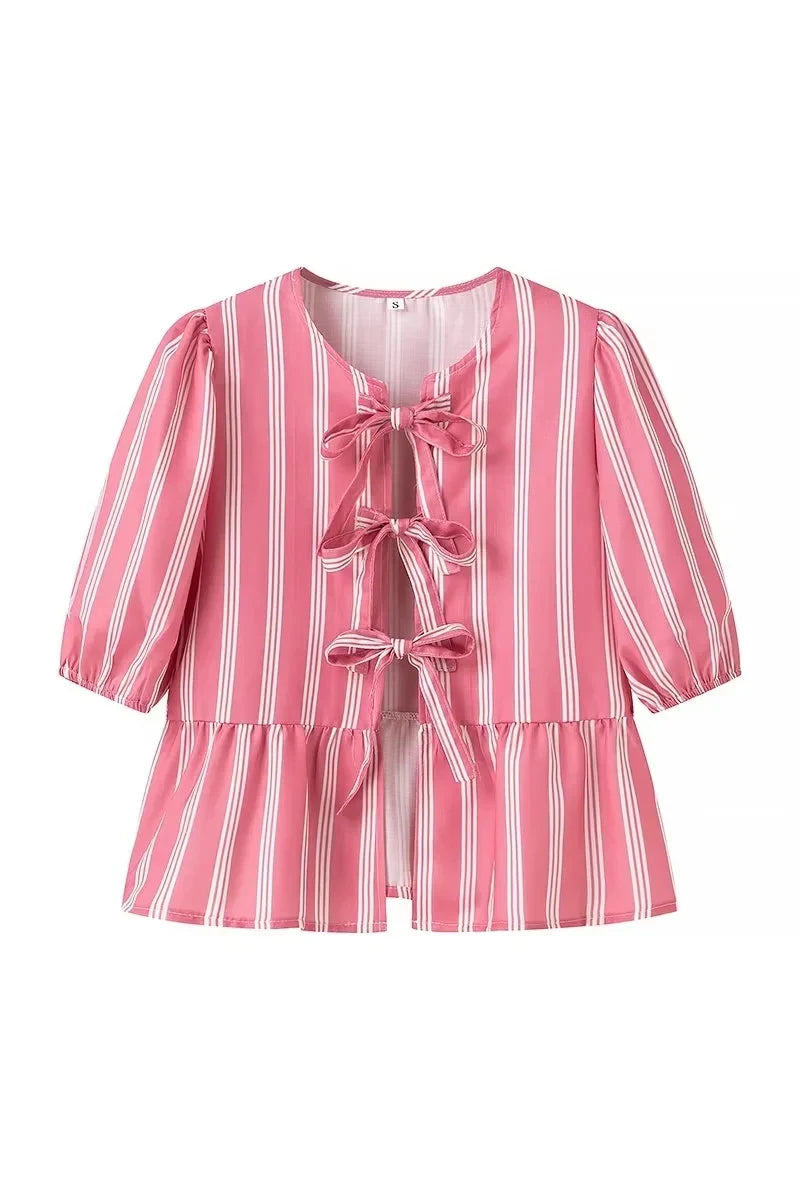 Stripes Puff Sleeve Peplum Bow Ties Blouse