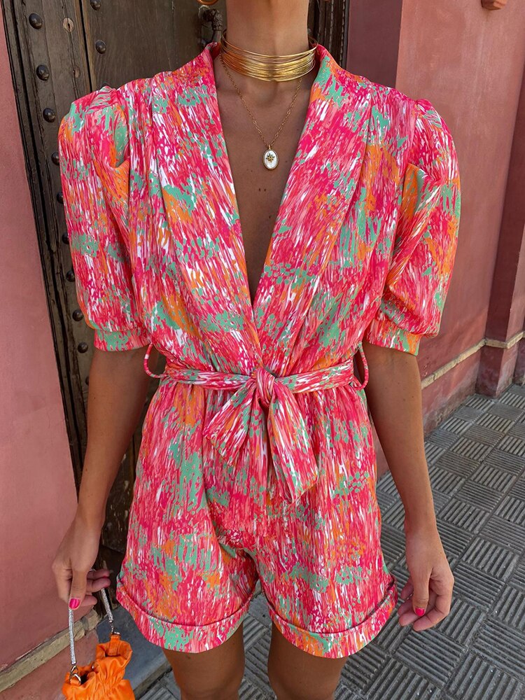 Isla | Vibrant Tie-Waist Short Sleeve Romper