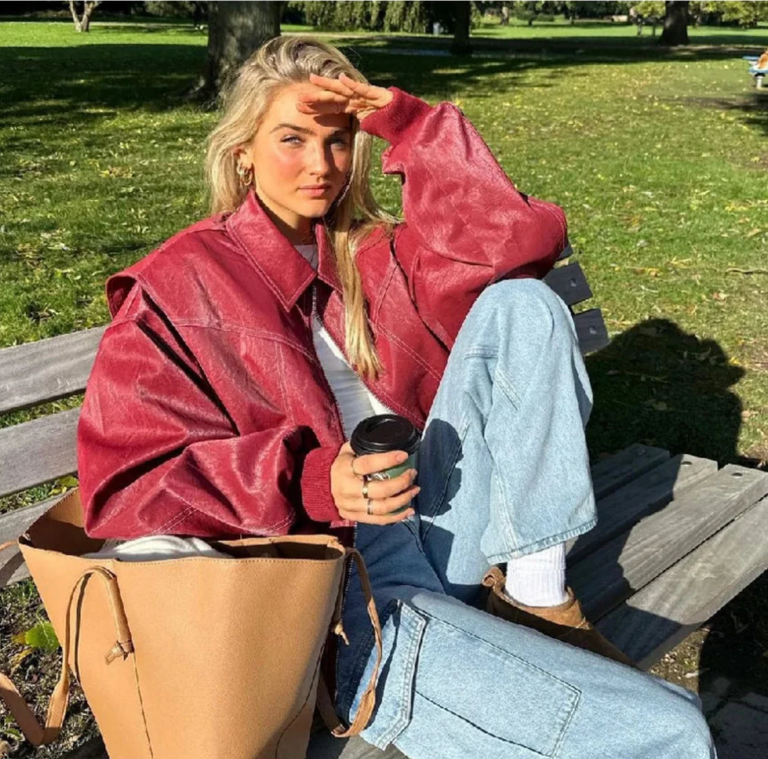 Faye™ | Oversized Rote Lederjacke