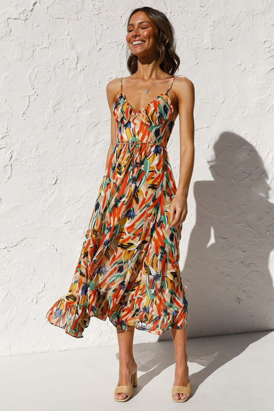 Adela Printed Ruffle Trim Midi Sundress