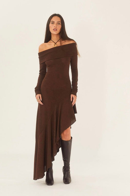 Alisa Off-shoulder Flare Midi Knit Dress