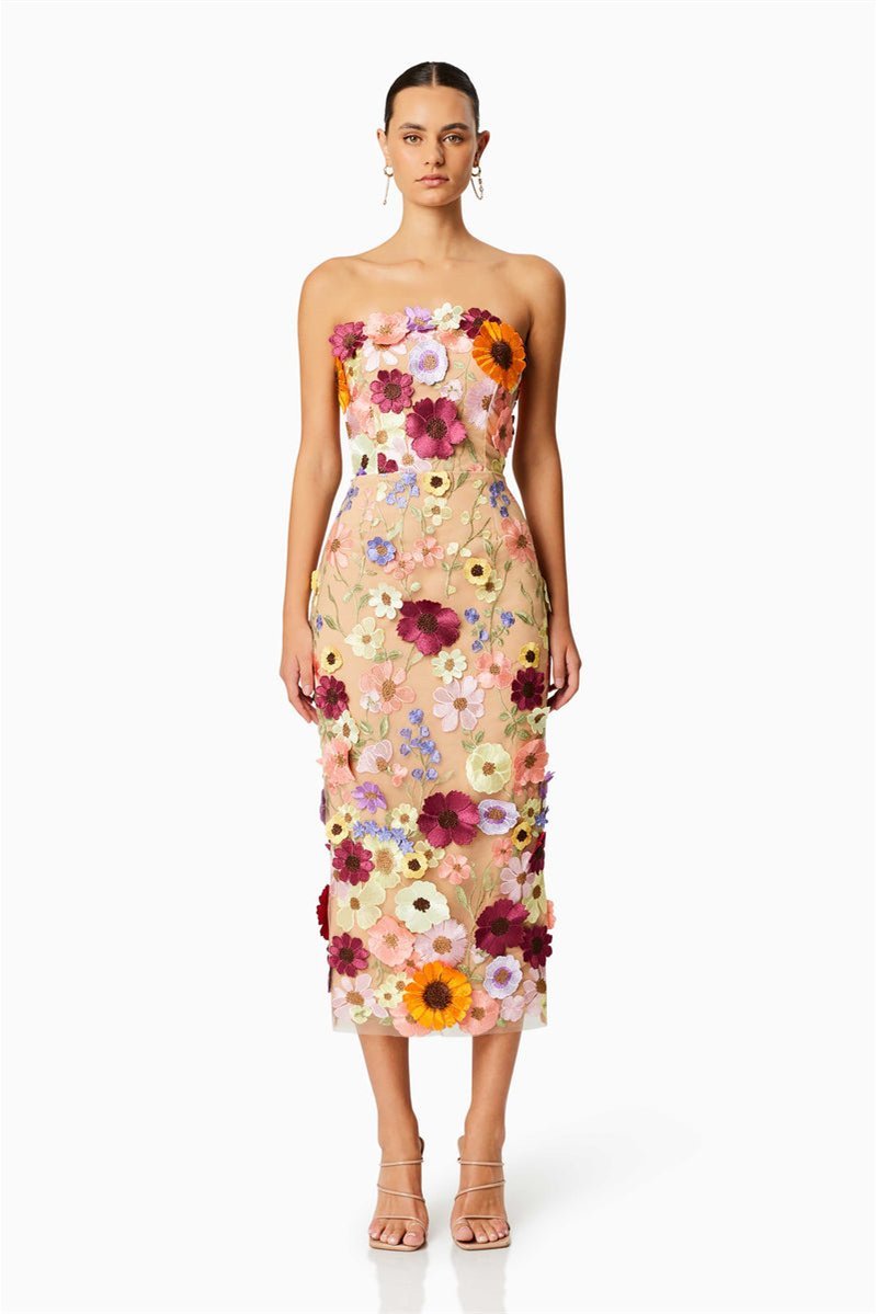 Belle Embroidered Floral Strapless Midi Dress