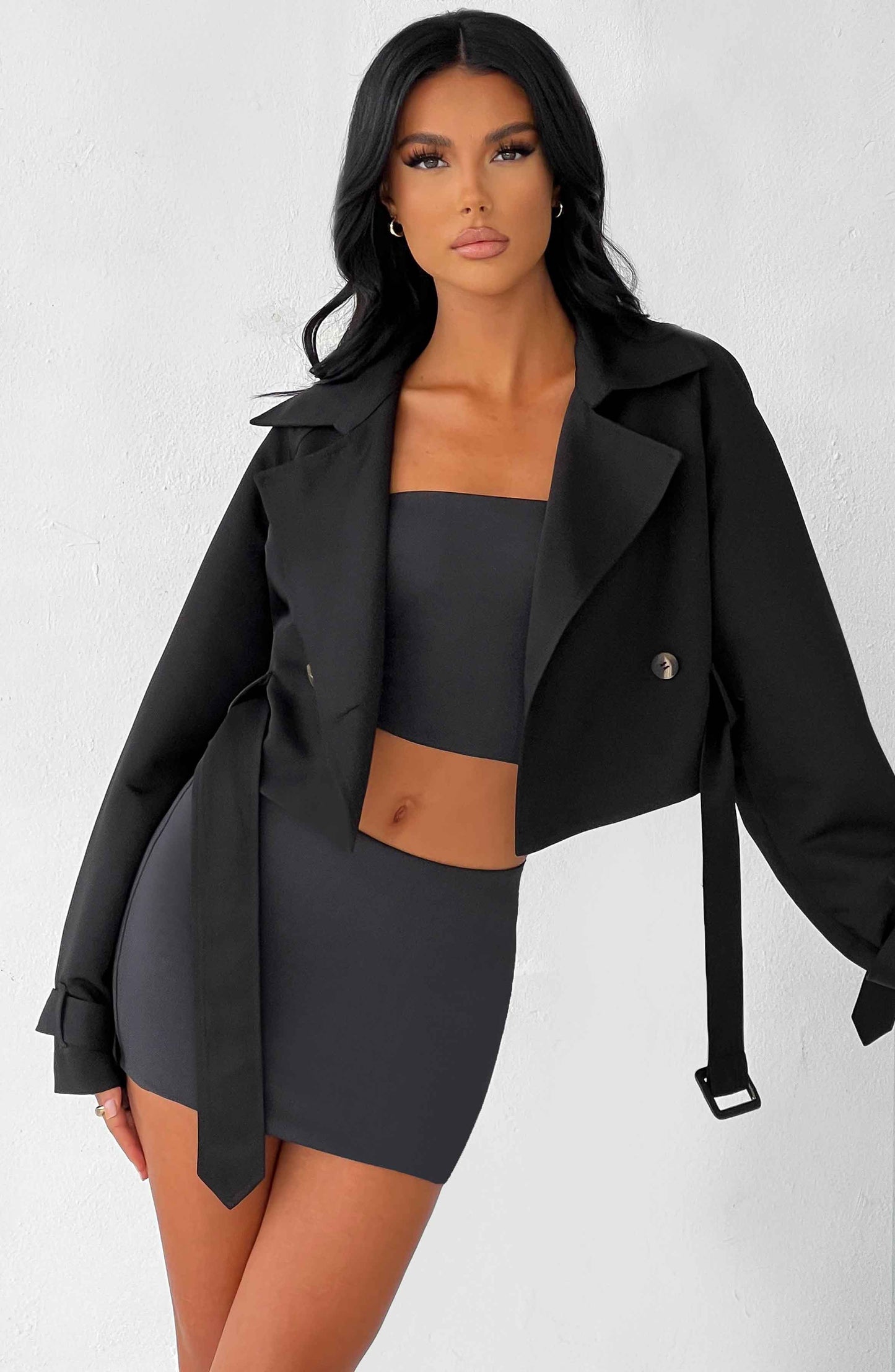 CIARA CROPPED TRENCH COAT - BLACK