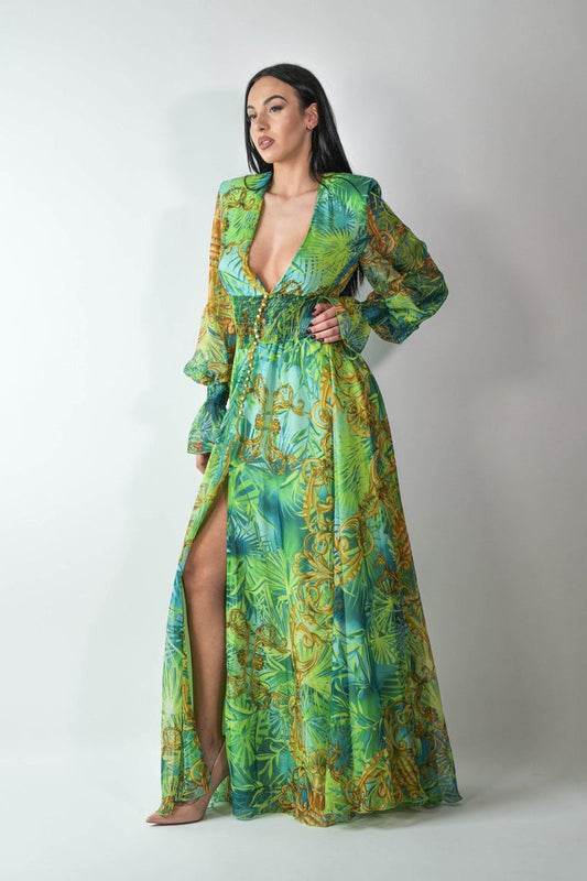 Eve Tropical Patterned V-nevk Maxi Dress