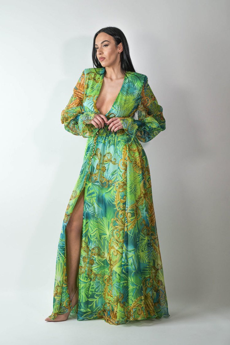 Eve Tropical Patterned V-nevk Maxi Dress