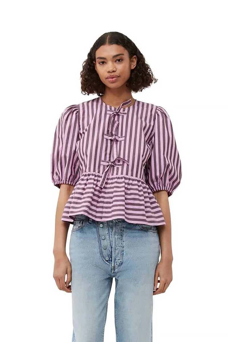 Stripes Puff Sleeve Peplum Bow Ties Blouse Short Top