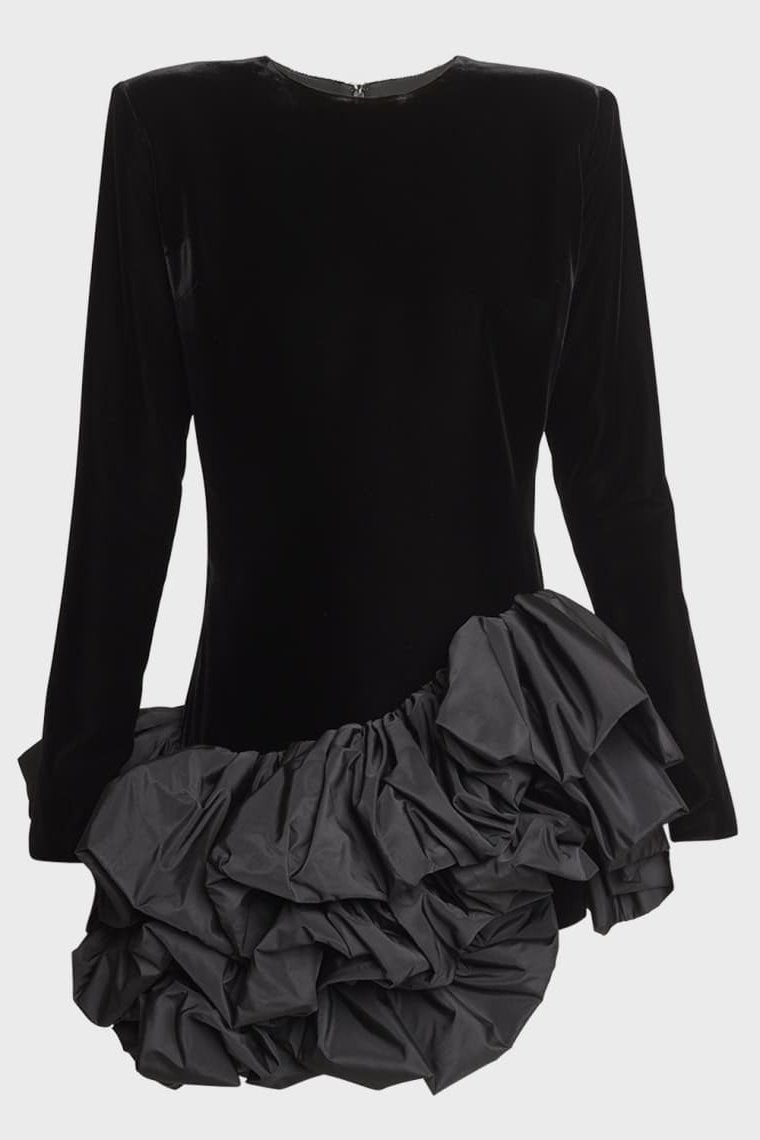 Hermosa Ruffle Asymmetric Hem Mini Velvet Dress