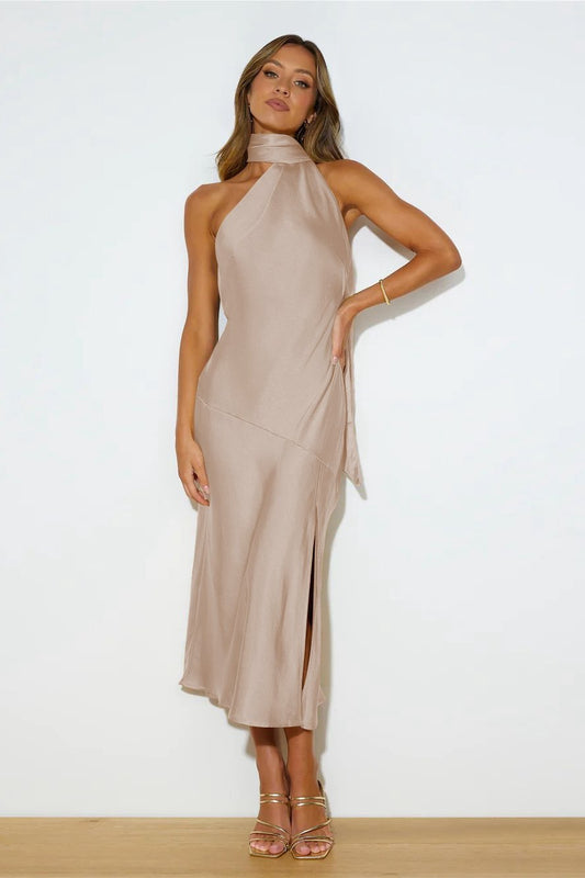 Nad Cowl Halterneck Satin Midi Dress