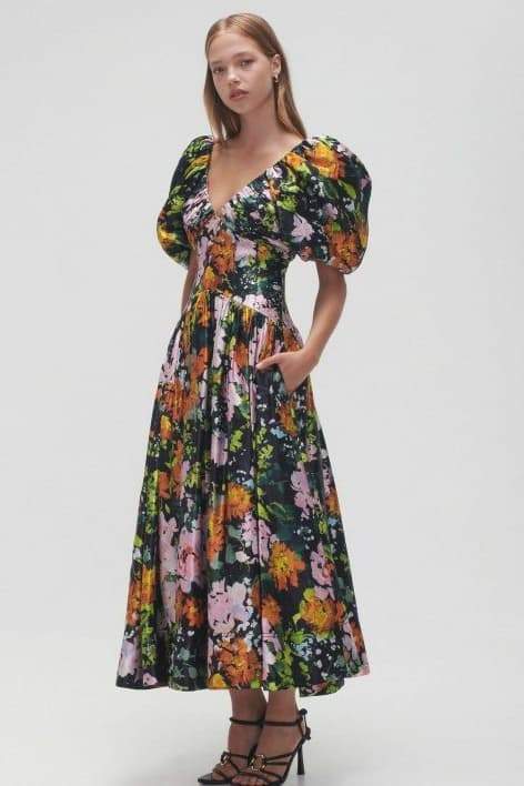 Megan Printed V-neck Puff Sleeve Midi Dress