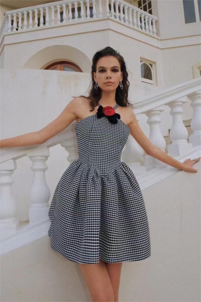 Mona Houndstooth Rose Bow Trimmed A-line Mini Dress