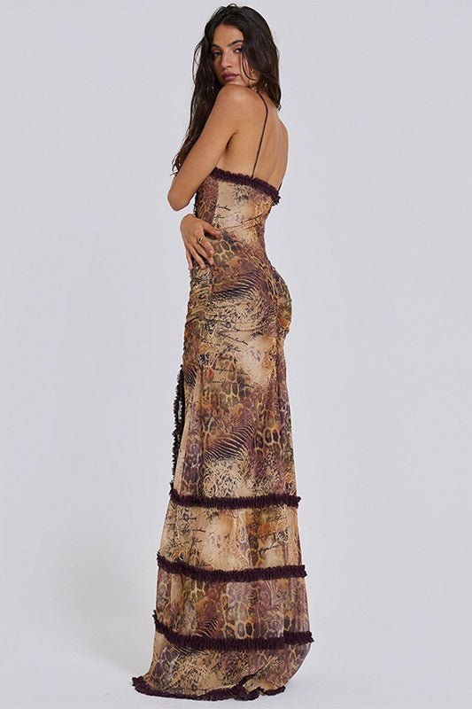 Yuri Printed Cut-out Ruffle Slip Maxi Dress